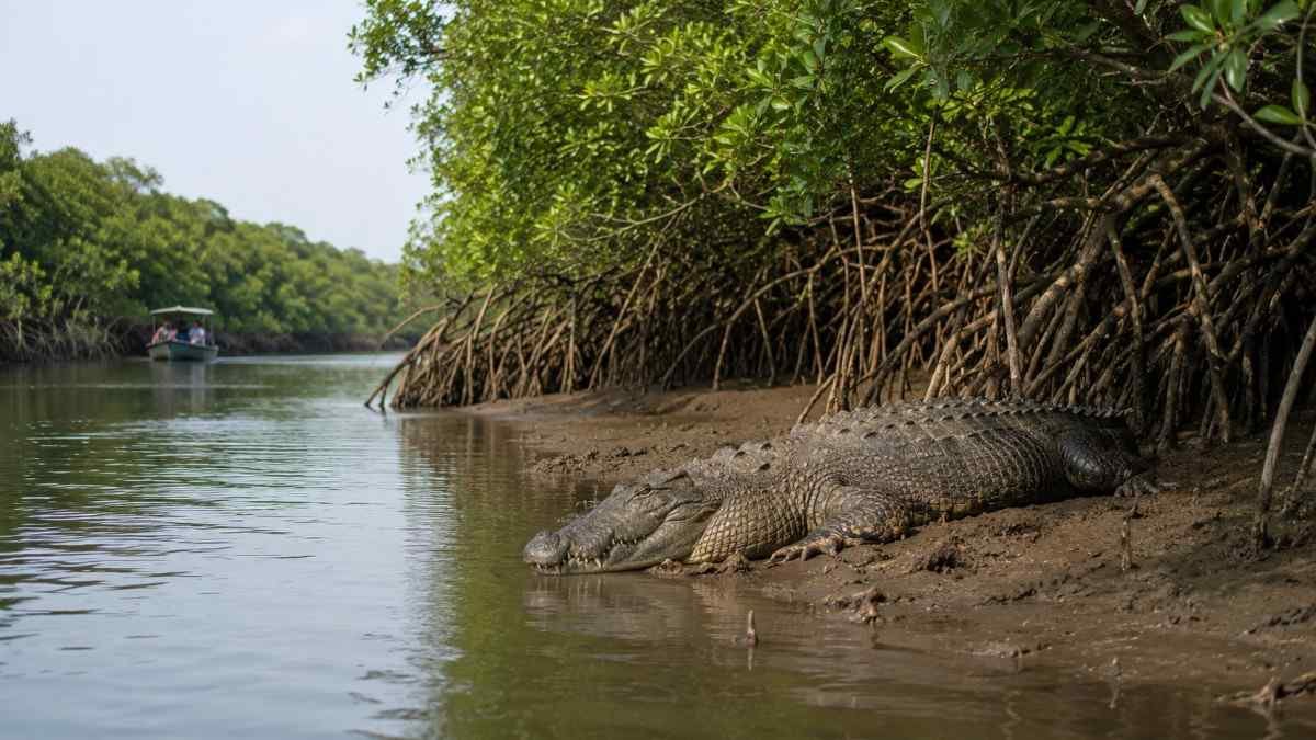Saltwater crocodile resting by the mangrove river in Bhitarkanika National Park