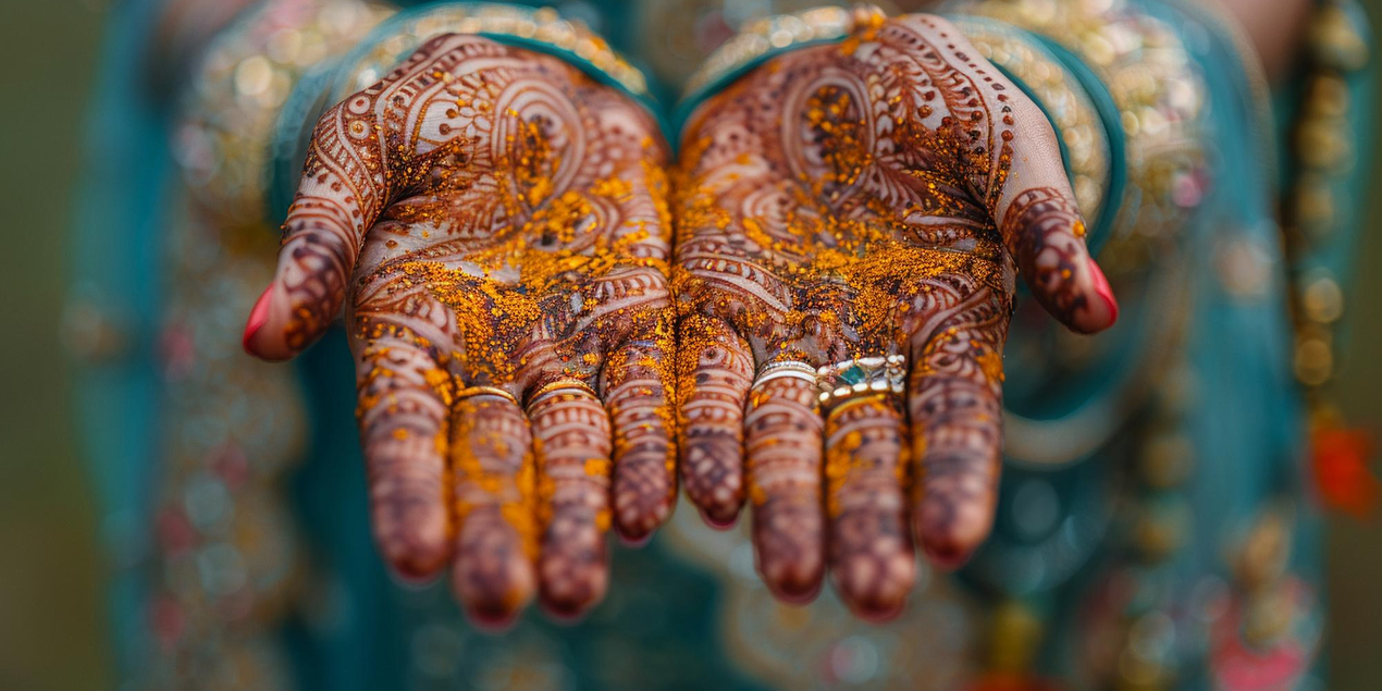 Bridal hands with intricate mehendi henna patterns and turmeric powder — close-up from an Odia wedding Mehendi ceremony