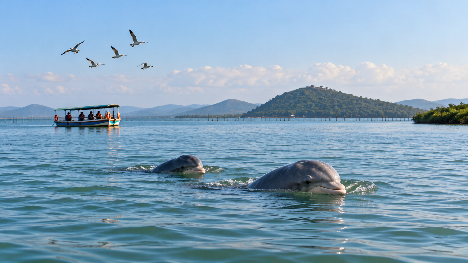 Irrawaddy dolphins surfacing in Chilika Lake near Satapada